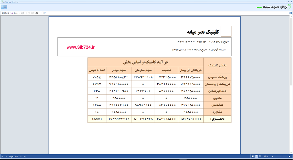 نرم افزار کلینیک - گزارش درآمد کلینیک بر اساس بخش